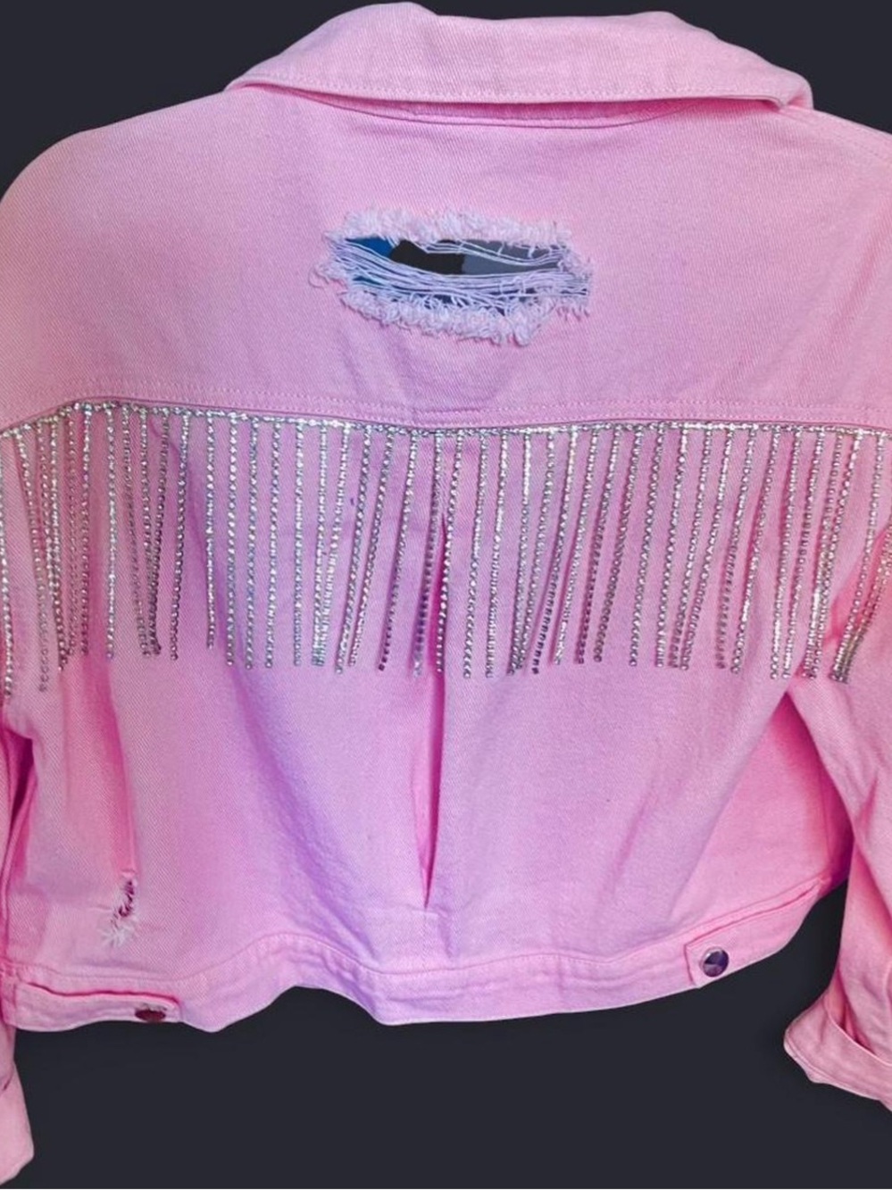 Pink Rhinestone Fringe Distressed Denim Jacket